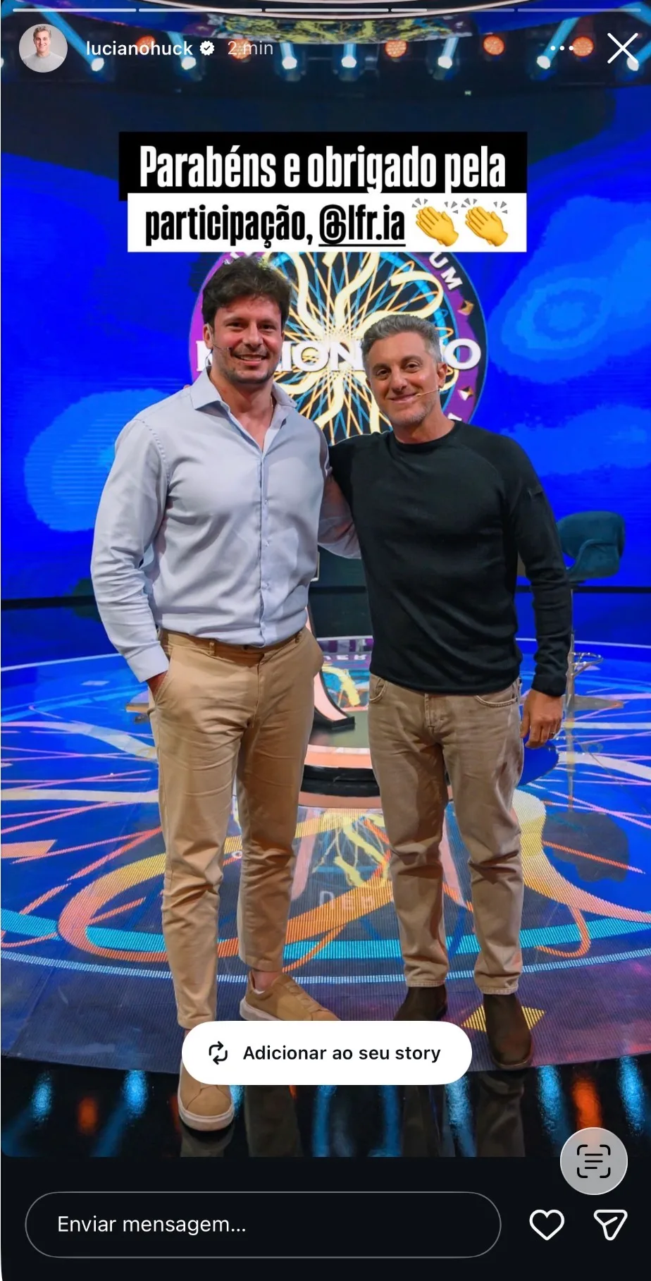 Luis Roquette com Luciano Huck no Quem Quer Ser um Milionário — Globo